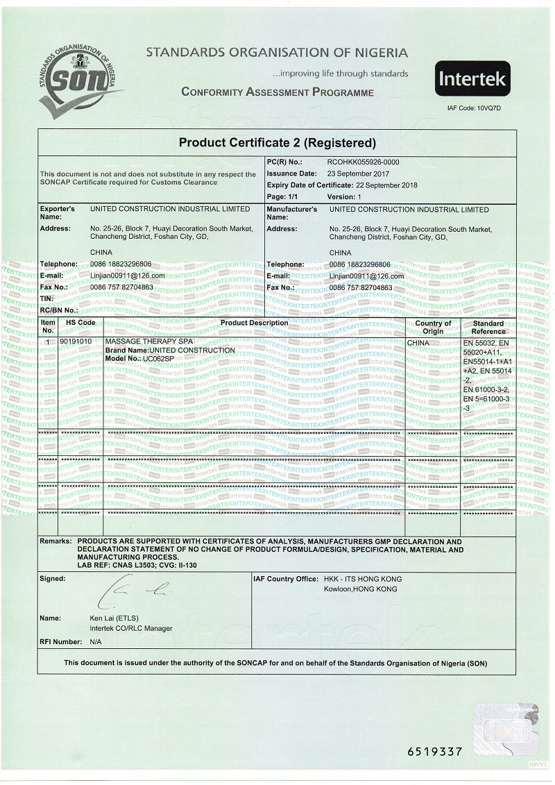  SONCAP CERTIFICATE SPA 2018